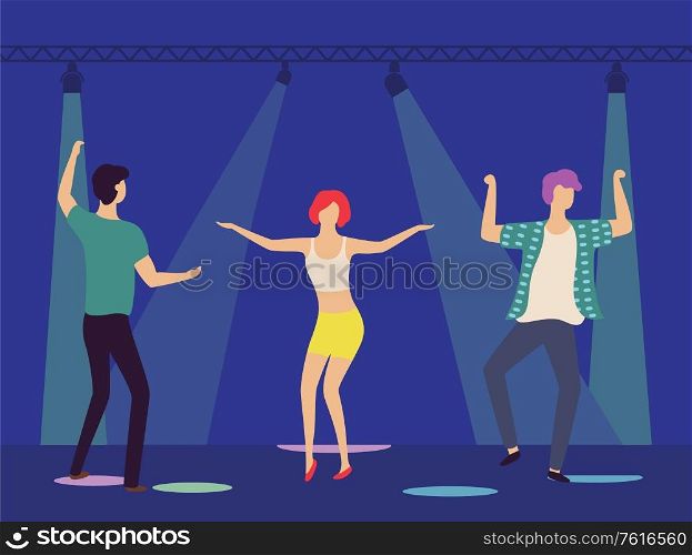 Dancing couple man and woman and their male friend on party together. Vector dancers under light projectors, searchlights, people in disco club, spotlights. Dancing People in Disco Club Under Spotlights
