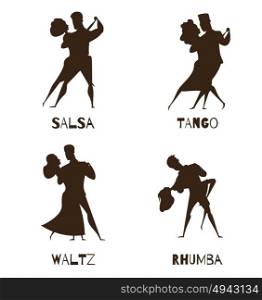 Dancing Couples Black Retro Cartoon Icons . Classical partner retro dance 4 black cartoon icons collection with waltz tango and salsa isolated vector illustration