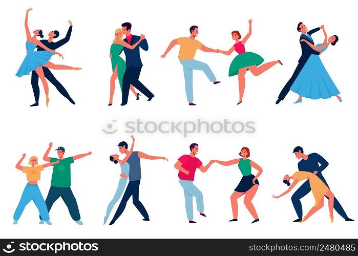 Dancing couples. Cartoon professional dancers characters, men and women in performing outfits. Modern types dance latin and tango, waltz and disco. People in ballroom, music party, vector isolated set. Dancing couples. Cartoon professional dancers characters, men and women in performing outfits. Modern types dance latin and tango, waltz and disco. People in ballroom, music party vector set