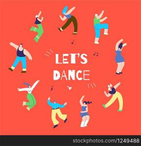 Dancing Disco Man Woman Make Circle with Lettering Lets Dance. Nightclub Party Disco Marathon Music Festival Vector Illustration Red Copy Space. Action-Oriented Promo Motivate Advertising Flat Banner. Dancing Disco Man Woman Action-Oriented Banner