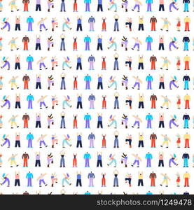 Dancing Disco People Characters Seamless Pattern. Flat Vector Illustration Different Funny Cartoon Man and Woman. Abstract Graphic Texture with Rockabilly Dance Party Concept. Print Gift Wrap Mockup. Dancing Disco People Characters Seamless Pattern