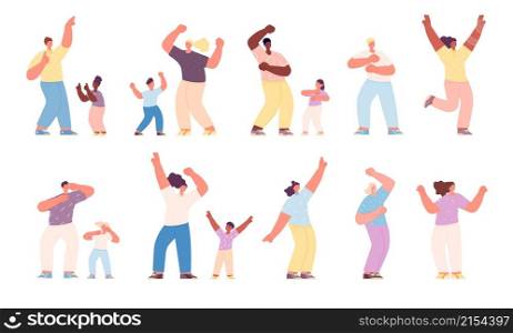 Dancing family. Happy dancer children, activities isolated parents and kids. Joyful people, laughing mother dad daughter. Music party vector characters. Happy dancer family dance together illustration. Dancing family. Happy dancer children, activities isolated parents and kids. Joyful people, laughing mother dad daughter. Music party utter vector characters