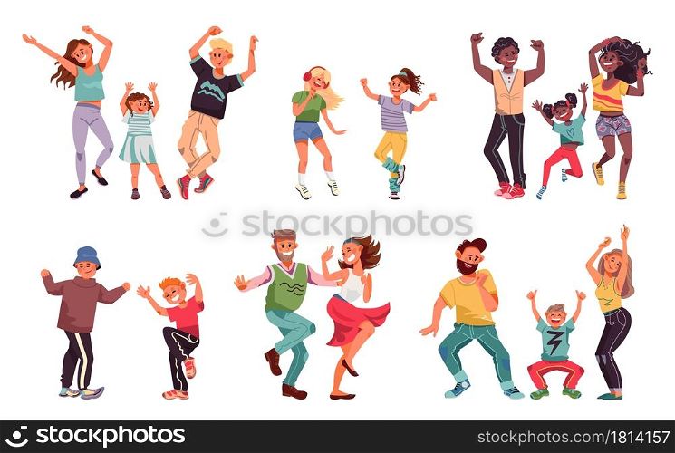 Dancing family. Young people, fun kid parents disco dance. Children and couple enjoy good time, happy dad child mother vector characters. Illustration man and female dance, mother and father. Dancing family. Young people, fun kid parents disco dance. Children and couple enjoy good time, happy dad child mother vector characters