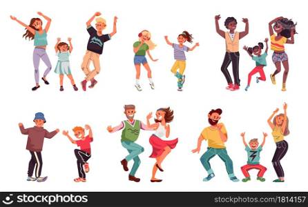 Dancing family. Young people, fun kid parents disco dance. Children and couple enjoy good time, happy dad child mother vector characters. Illustration man and female dance, mother and father. Dancing family. Young people, fun kid parents disco dance. Children and couple enjoy good time, happy dad child mother vector characters