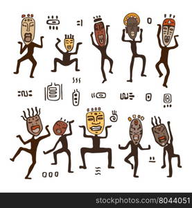 Dancing figures in African masks. Dancing figures in African masks. Primitive art. Vector illustration.