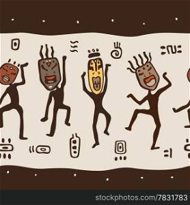 Dancing figures wearing African masks. Primitive art. Seamless Vector Illustration.