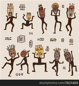 Dancing figures wearing African masks. Primitive art. Vector illustration.