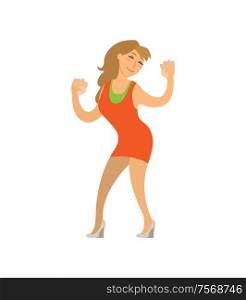 Dancing girl moving body on music isolated lady vector. Woman wearing short dress enjoying song on disco, happy female on party, partying hard lady. Dancing Girl Moving Body on Music Isolated Lady
