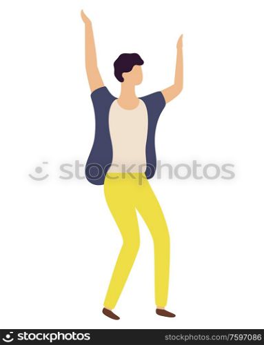 Dancing guy in yellow trousers isolated happy dancer on white. Vector cartoon man with hands up having fun. Brunette male character in flat design. Dancing Guy in Yellow Trousers Isolated Dancer