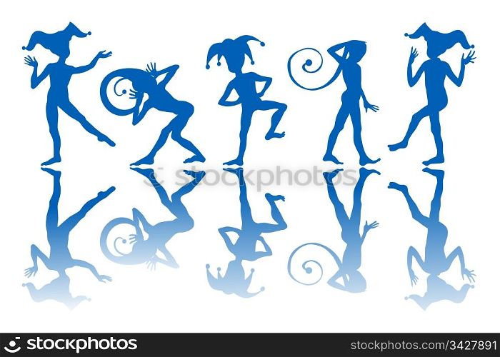 Dancing harlequins silhouettes and reflection over white background.