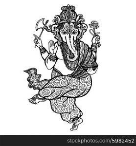 Dancing Hindu religion god Ganesha hand drawn decorative vector illustration. Dancing Ganesha Icon
