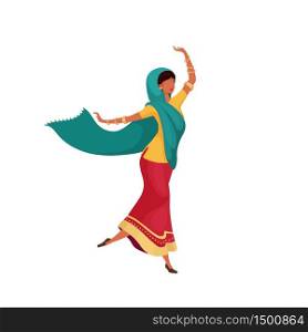 Dancing indian female flat color vector faceless character. Woman in saree dance. Traditional Nepal ritual. Diwali celebration isolated cartoon illustration for web graphic design and animation. Dancing indian female flat color vector faceless character