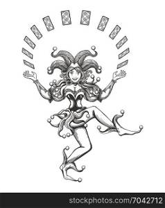 Dancing Joker girl juggles with playing cards drawn in tattoo style isolated on white. Vector illustration