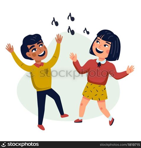Dancing Kids, Cartoon vector illustration of happy Multicultural children. Flat style vector illustration. Dancing Kids, Cartoon vector illustration of happy Multicultural children. Flat style vector illustration.
