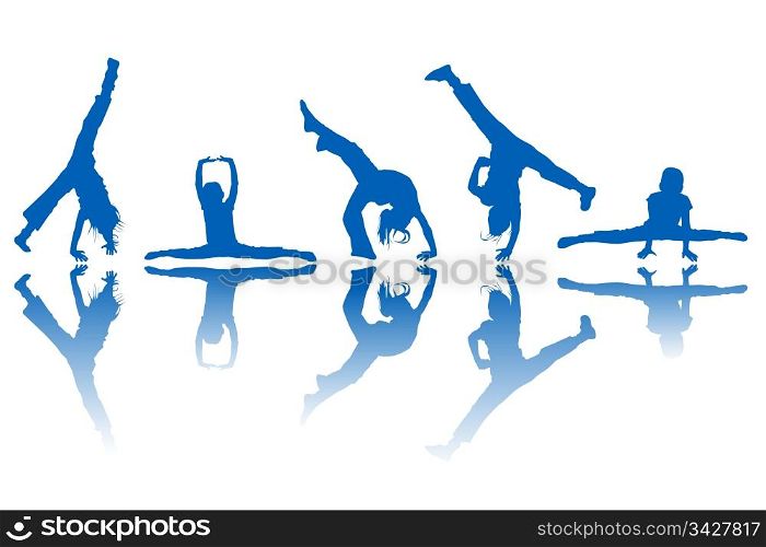 Dancing kids silhouettes and reflection over white background