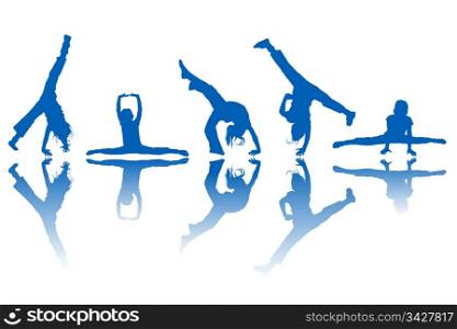 Dancing kids silhouettes and reflection over white background