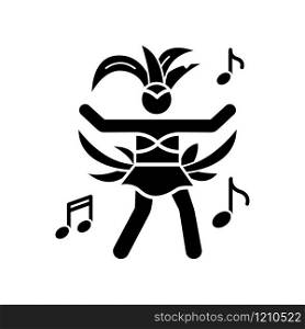 Dancing lady black glyph icon. Samba. Womens carnival costume. Brazilian carnival. Traditional music. Masquerade parade. Silhouette symbol on white space. Vector isolated illustration