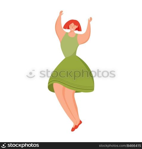Dancing lady in green dress semi flat color vector character. Holiday. Posing figure. Full body person on white. Activity simple cartoon style illustration for web graphic design and animation. Dancing lady in green dress semi flat color vector character