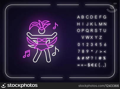 Dancing lady neon light icon. Samba. Womens carnival costume. Brazilian carnival. Outer glowing effect. Sign with alphabet, numbers and symbols. Vector isolated RGB color illustration