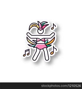 Dancing lady patch. RGB color printable sticker. Samba. Womens carnival costume. Brazilian carnival. Traditional music. National holiday. Masquerade parade. Vector isolated illustration