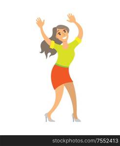 Dancing lady woman shaking body on music isolated vector. Party dancer female having fun on party, showing moves. Nightlife of lady in skirt and sweater. Dancing Lady Woman Shaking Body on Music Isolated