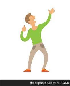Dancing man stretching arms up isolated character vector. Person relaxing in club, clubbing male wearing fancy clothes, happy dancer moving body on music. Dancing Man Stretching Arms Up Isolated Character