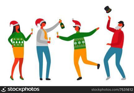 Dancing man, woman in green sweater with fir trees, females in Santa hat, cartoon characters isolated vector. Happy people celebrating Christmas party. Dancing Man, Woman in Green Sweater with Fir Trees