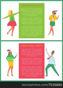 Dancing man, woman in green sweater with fir trees, females in Santa hat, cartoon characters on Christmas celebration party. Happy people celebrating New Year. Dancing Man, Woman in Green Sweater with Fir Trees