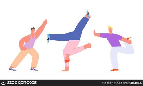 Dancing men group. Stretching or yoga for men, sport training. Flat male doing exercises, isolated vector characters. Illustration of dance yoga exercise. Dancing men group. Stretching or yoga for men, sport training. Flat male doing exercises, isolated vector characters