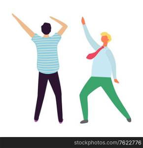 Dancing men isolated on white, back and front view. Vector Guys in dance, positive people having fun, males in flat design cartoon style, clubbers in motion. Dancing Men Isolated on White, Back and Front View