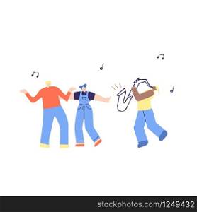 Dancing Music People, African American Saxophone Player. Man Woman Admire Moving Jazz Music Fans Crowd, Musician Performing on Stage. Cartoon Jazz Party Music Festival Flat Vector Illustration. Dancing Music People and Saxophone Illustration