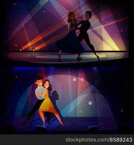 Dancing pair onstage 2 retro cartoon banners with professional performers in spotlights nostalgic poster isolated vector illustration . Dance Banners Set Retro Cartoon