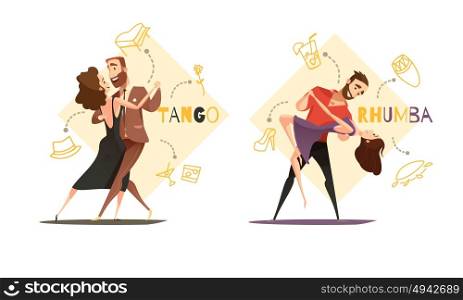 Dancing Pairs 2 Retro Cartoon Templates . Dancing tango and rhumba couples 2 retro cartoon templates with web style accessories icons isolated vector illustration
