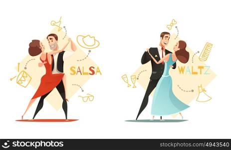 Dancing Pairs 2 Retro Cartoon Templates . Dancing waltz and salsa couples 2 retro cartoon templates with traditional outlined accessories icons isolated vector illustration