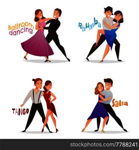 Dancing pairs 4 retro cartoon icons set with tango salsa and ballroom waltz steps isolated vector illustration . Dancing Pairs Retro Cartoon Set