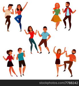 Dancing people 5 young couples party and street style moves cartoon icons composition poster isolated vector illustration . Dancing People 5 Icons Composition