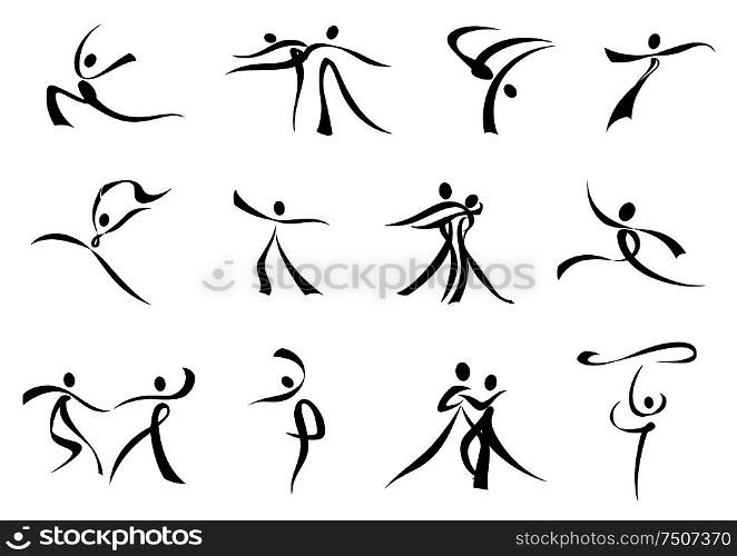 Dancing people abstract black silhouette composed of curling ribbons for sporting or entertainment design. Abstract black icons of dancing people