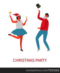 Dancing people at Christmas party, vector cartoon characters isolated. Woman with sparkler and man in high hat and in Santa Claus beard, New Year celebration. Dancing People at Christmas Party, Vector Cartoon