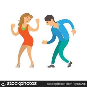Dancing people at party isolated dancers clubber vector. Couple hobby, man and woman moving bodies on sounds of music song. Happy adults relaxing. Dancing People at Party Isolated Dancers Clubber