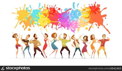 Dancing People Banner Colored Cartoon Banner. Festive poster with bright paint splashes and cartoon people figures in contemporary dance poses abstract vector illustration