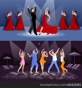 Dancing People Compositions. People dancing flamenco on stage and teenagers having beach party at night flat isolated vector illustration