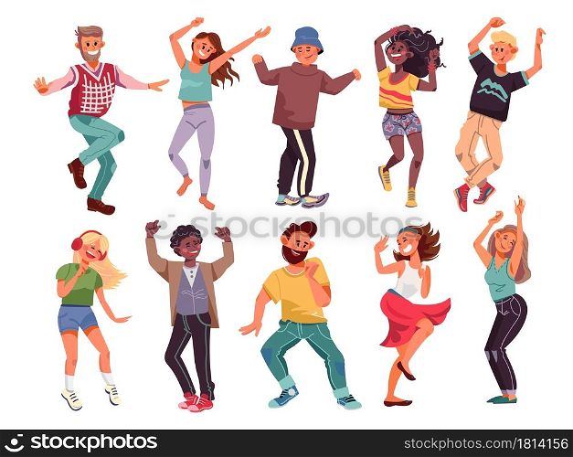 Dancing people. Happy cartoon teens, young modern person dance. Fun music party, isolated group of adult friend celebrate fest vector set. Dance girl and boy together, excited activity illustration. Dancing people. Happy cartoon teens, young modern person dance. Fun music party, isolated group of adult friend celebrate fest vector set