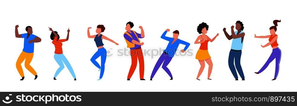 Dancing people. Happy trendy men, women dancers, group of happy young people enjoying dance. Vector illustrations modern party isolated set with guy and girl together entertainment on white background. Dancing people. Happy trendy men and women dancers, group of happy young people enjoying dance. Vector modern isolated set