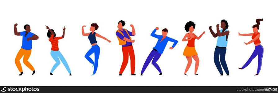 Dancing people. Happy trendy men, women dancers, group of happy young people enjoying dance. Vector illustrations modern party isolated set with guy and girl together entertainment on white background. Dancing people. Happy trendy men and women dancers, group of happy young people enjoying dance. Vector modern isolated set