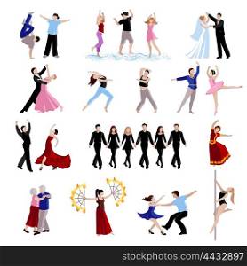 Dancing People Icons Set. Dancing various styles of dance people of different ages in costumes flat icons set isolated vector illustration