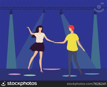 Dancing people in disco club under spotlights. Happy couple man and woman on the party having fun together. Dancers on stage light projectors, searchlights. Flat cartoon. Dancing People in Disco Club Under Spotlights