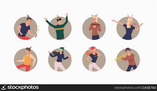 Dancing people in festive hats set. Men and women celebrating, dancing and having fun. Holiday concept. Vector illustration can be used for topics like celebration, office party, birthday
