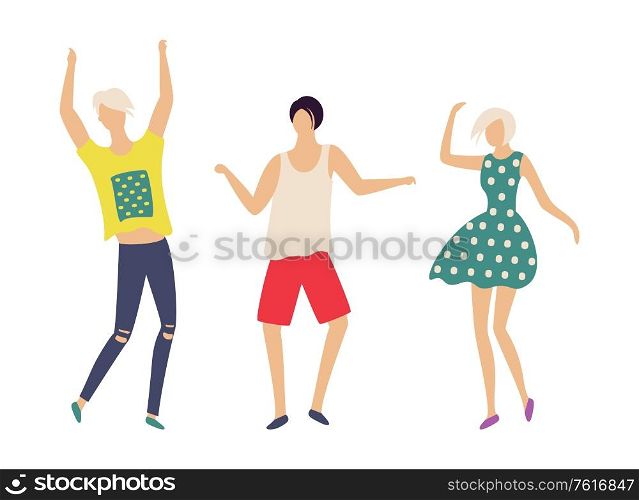 Dancing people in good mood isolated cartoon characters. Vector teenagers, animated man and woman in flat style. Boy in jeans, red shorts, girl in dress. Dancing People in Good Mood Isolated Characters