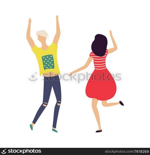 Dancing people isolated on white. Vector cartoon man in yellow t-shirt and woman in back view, dancer in red dress. Happy couple on disco having fun. Dancing People Isolated on White. Vector Cartoon