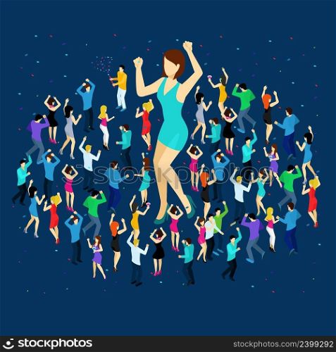 Dancing people isometric concept with men and women on blue background vector illustration . Dancing People Isometric Concept 